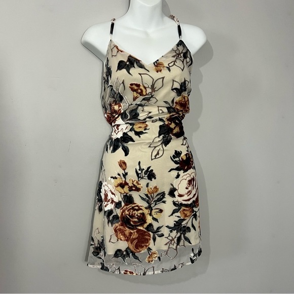 Vintage tan silky blend velvet burnout mini floral damask slip dress boho chic - Picture 2 of 7